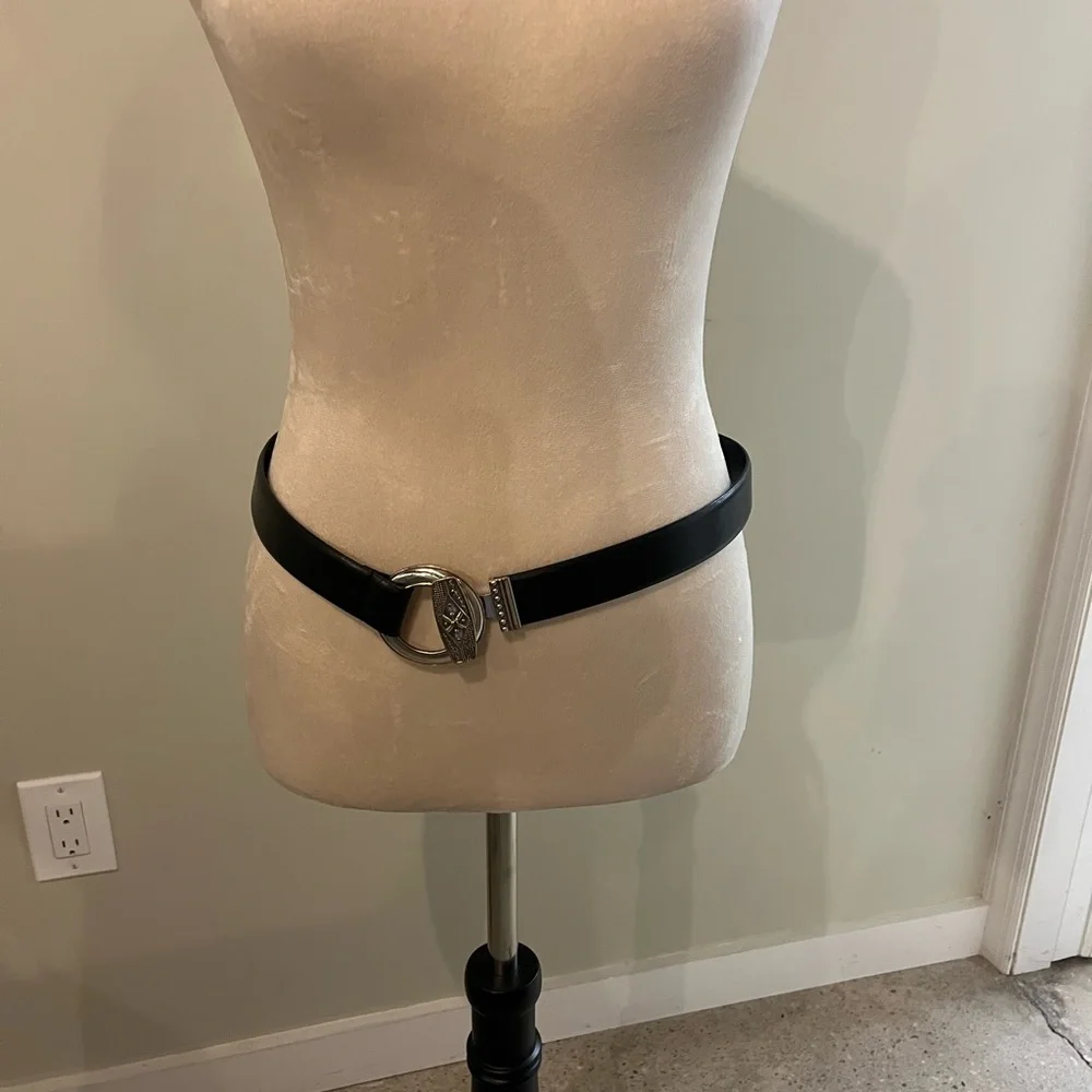 Chico's Black Leather Southwestern Style Belt with Etched Silver & Gold Buckle